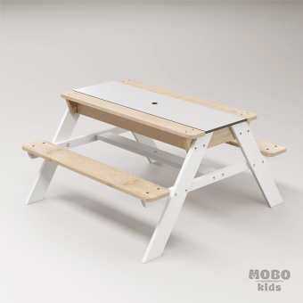 Zuma Beyaz Kompakt Tablalı Çocuk Bahçe Bankı - Masif Ahşap 4 Çocuk Kapasiteli Ahşap Kum ve Su Havuzlu Çocuk Bankı - Kar Beyaz - Görsel 2