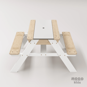 Zuma Beyaz Kompakt Tablalı Çocuk Bahçe Bankı - Masif Ahşap 4 Çocuk Kapasiteli Ahşap Kum ve Su Havuzlu Çocuk Bankı - Kar Beyaz - Görsel 4