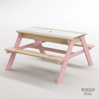 Zuma Beyaz Kompakt Tablalı Çocuk Bahçe Bankı - Masif Ahşap 4 Çocuk Kapasiteli Ahşap Kum ve Su Havuzlu Çocuk Bankı - Masal Pembe - Görsel 2