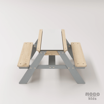 Zuma Beyaz Kompakt Tablalı Çocuk Bahçe Bankı - Masif Ahşap 4 Çocuk Kapasiteli Ahşap Kum ve Su Havuzlu Çocuk Bankı - Gümüş Gri - Görsel 4