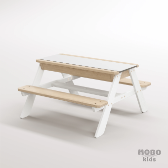 Zuma Beyaz Kompakt Tablalı Çocuk Bahçe Bankı - Masif Ahşap 4 Çocuk Kapasiteli Ahşap Kum ve Su Havuzlu Çocuk Bankı - Kar Beyaz - Görsel 2