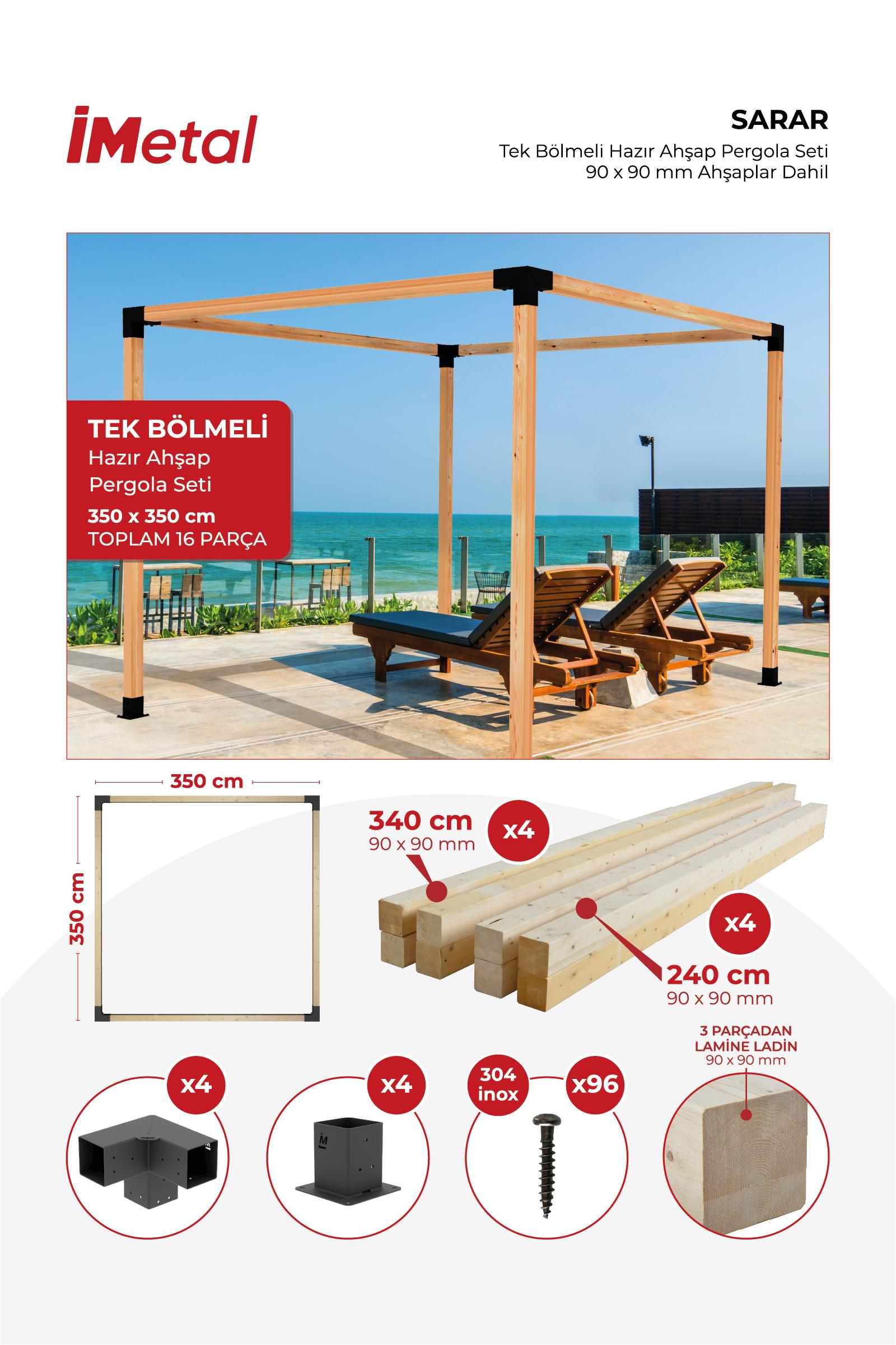 350x350 Ahşap Pergola Seti Tek Bölümlü 90 X 90 mm Ahşaplar Dahil - 1