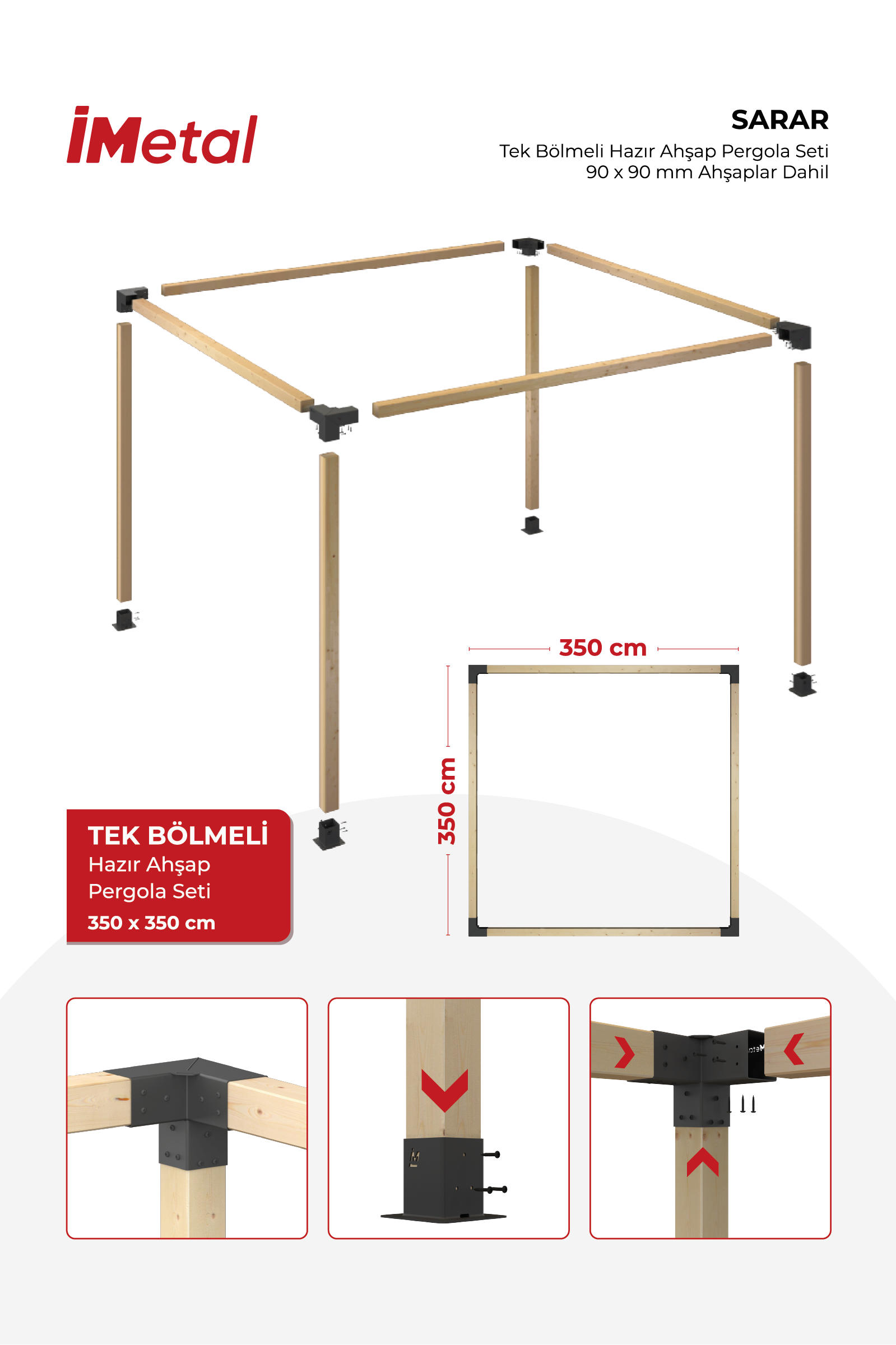 350x350 Ahşap Pergola Seti Tek Bölümlü 90 X 90 mm Ahşaplar Dahil - 2